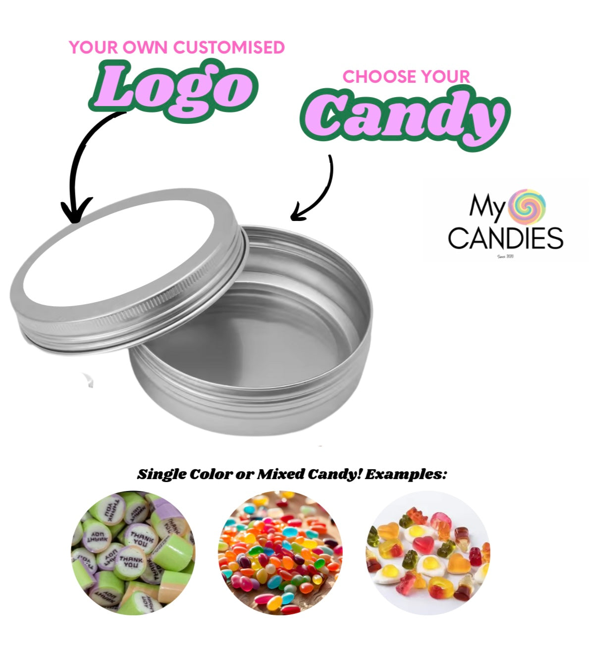 Custom Candy Tins β Silver with Personalized Stickers! π¬β¨
