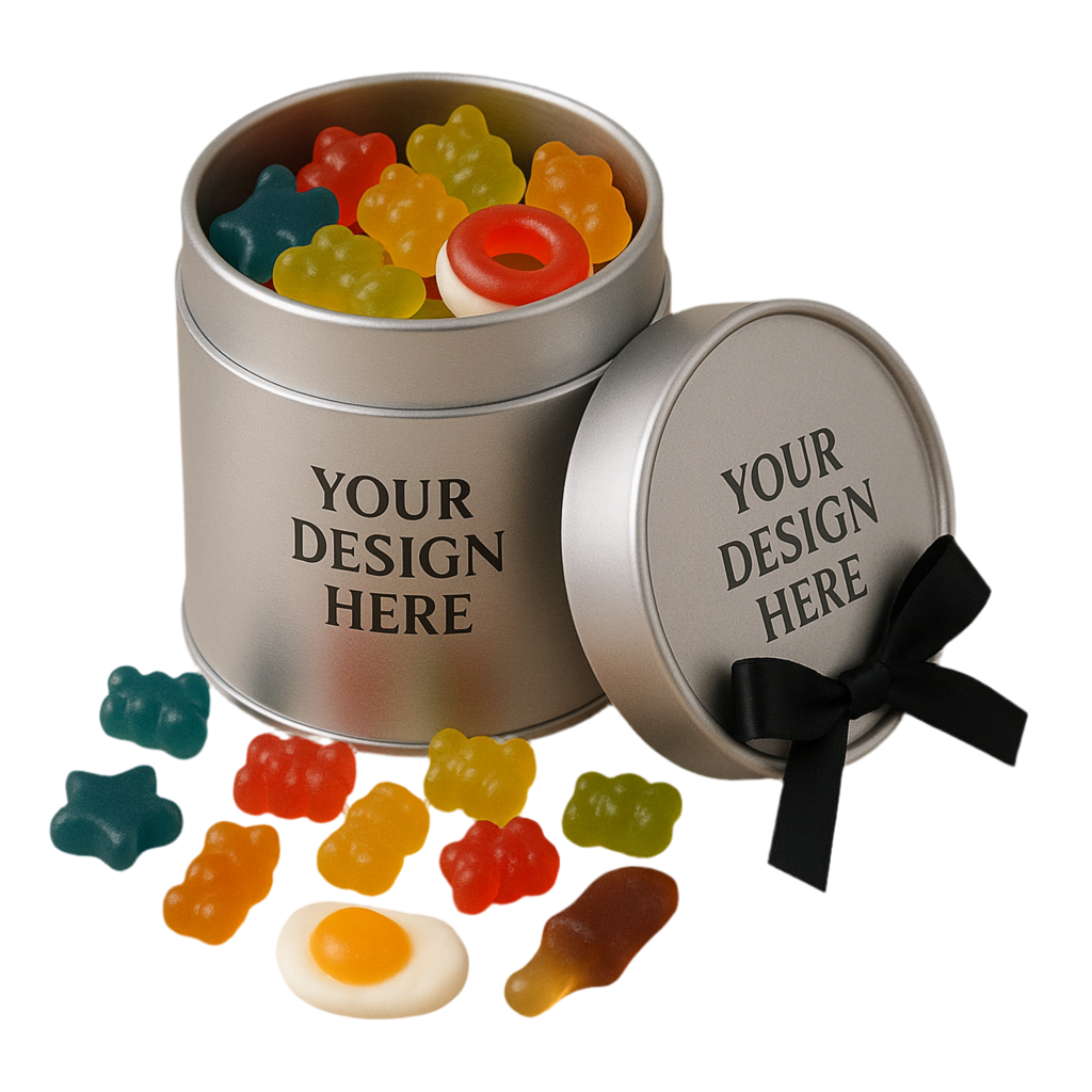 Customizable Metal Tins with Gummies or Jelly Beans 🍬 – Black, Silver, or Gold