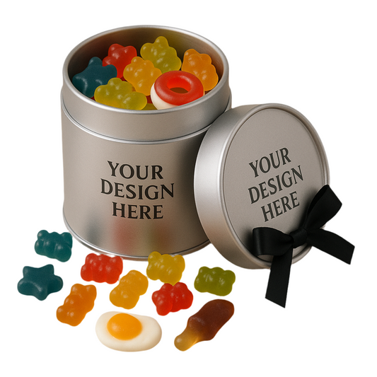 Customizable Metal Tins with Gummies or Jelly Beans 🍬 – Black, Silver, or Gold